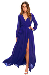 Robe longue unie à manches longues et col en V bouffant en georgette